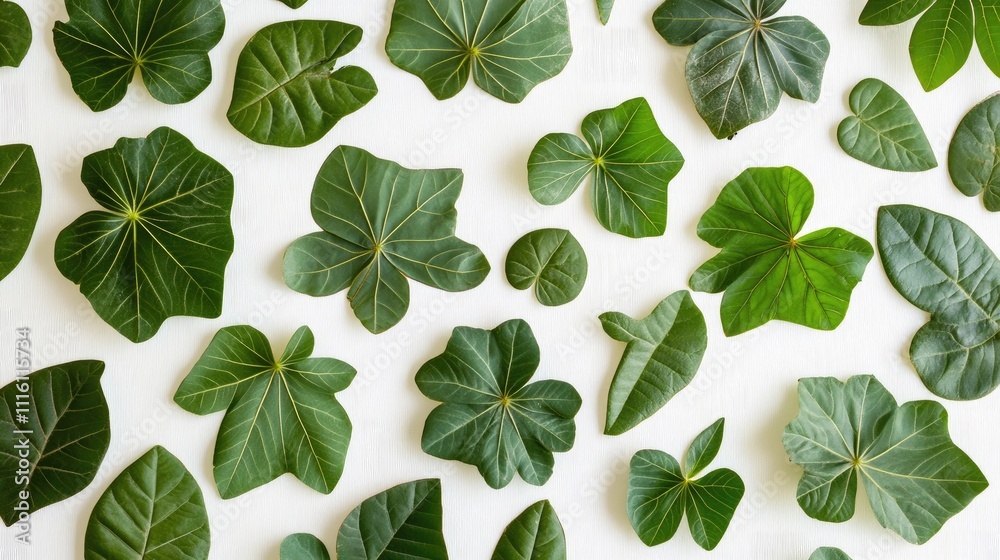 Poster diverse collection of lush green cassava leaves arranged artistically on a clean white background sh