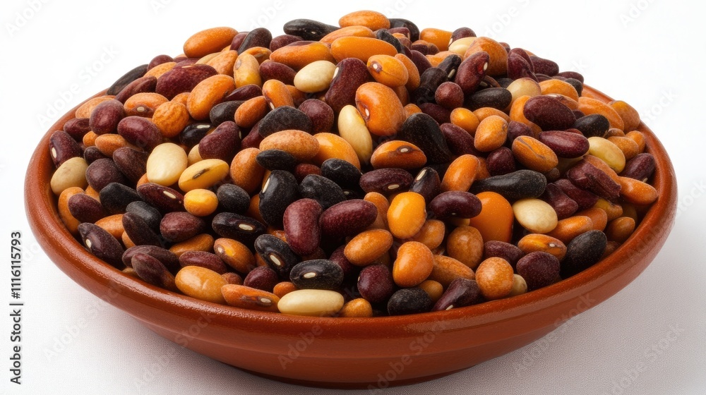 Poster assorted dry beans in a terracotta bowl on a white background showcasing diverse colors and textures