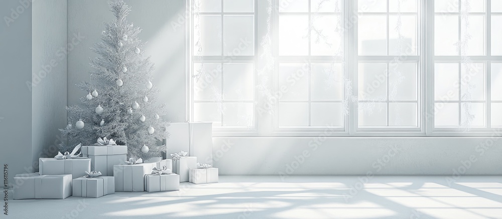 Aufkleber Serene Christmas backdrop with a white tree and presents in a softly lit room creating a festive and minimalist atmosphere