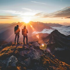 Fototapeta premium Two hikers admire sunrise from mountain peak.