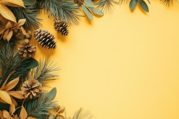 A creative arrangement of pine cones and green leaves against a vibrant yellow background evokes the freshness and contrast of nature in a modern artistic style.