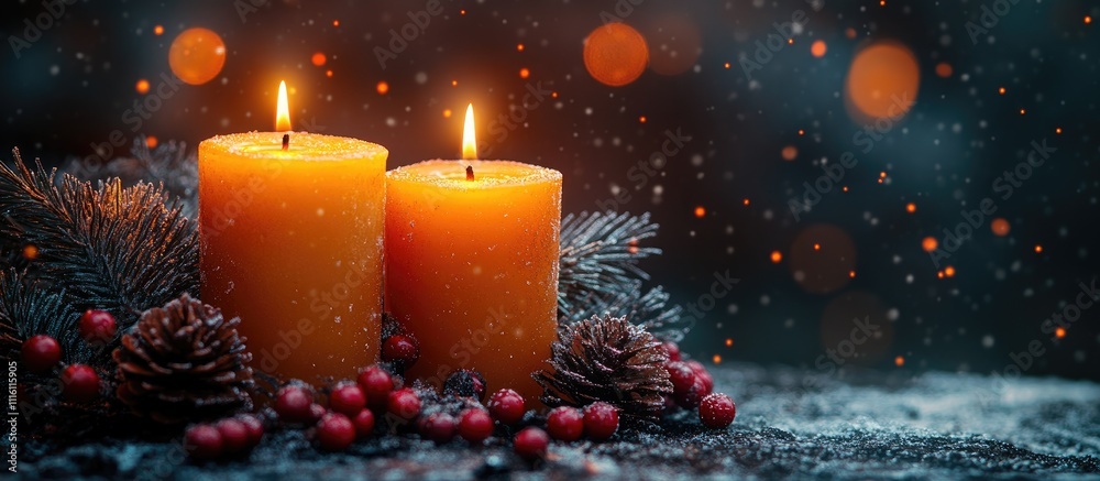 Poster festive orange candles with pine cones and berries creating a cozy winter atmosphere in a snowy back
