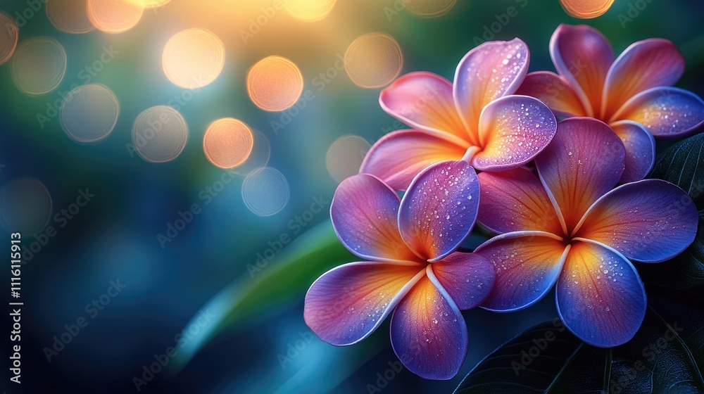 Poster vibrant frangipani flowers in closeup with light filter and soft bokeh of green leaves creating a se