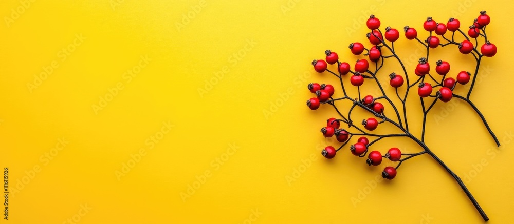 Poster bouquet of vibrant red castor wood berries on a bright yellow background with ample space for text a