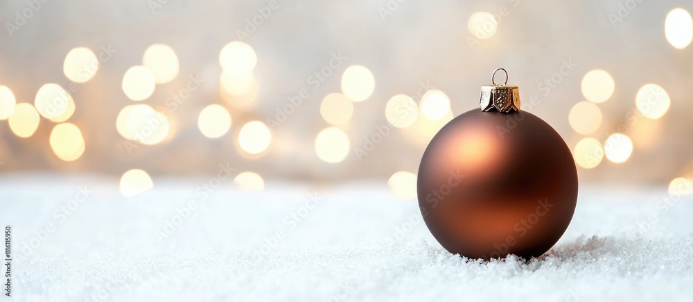 Poster Elegant brown Christmas bauble on snowy surface with soft bokeh lights in the background creating a warm festive atmosphere.