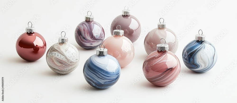 Poster Elegant decorative baubles in various colors and patterns for a stylish Christmas tree display on a neutral background