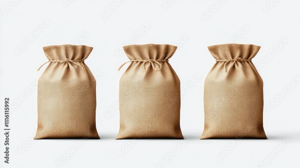 Poster burlap textile sacks grouped on a white background packaging mockup for product presentation and bra