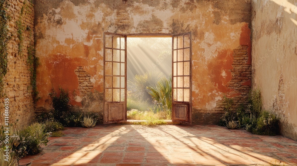 Poster Sunlight streaming through an open window illuminating zamioculca branches in a rustic indoor setting with weathered walls and greenery