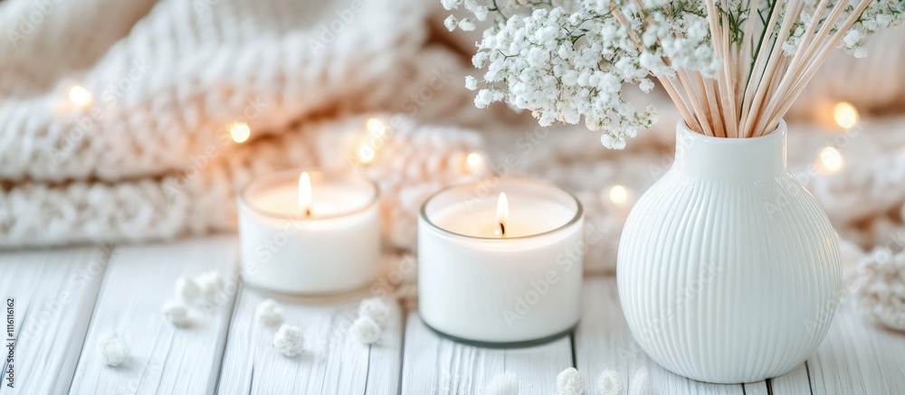 Poster Candles and reed diffuser with flowers on a white wooden surface creating a serene and relaxing ambiance in home decor