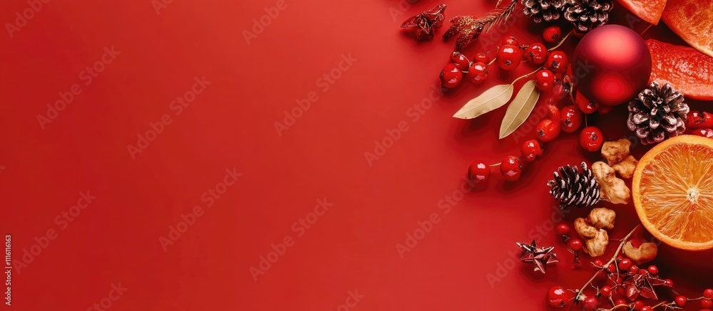 Aufkleber vibrant red backdrop adorned with christmas decorations and festive elements creating an ideal space