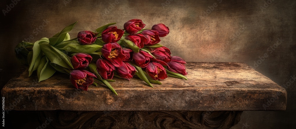 Poster elegant bouquet of red tulips gracefully arranged on a rustic stone table with a dark textured backg