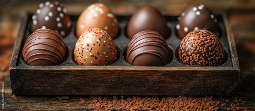 Aufkleber charming assortment of decorative chocolate easter eggs arranged in a vintage wooden box on a rustic
