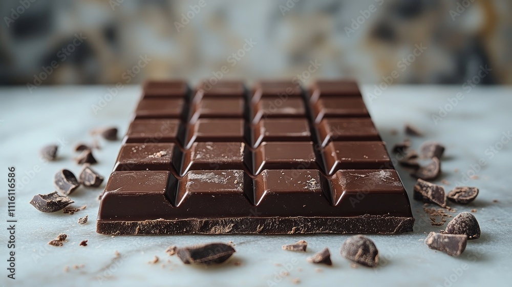 Poster chocolate bar with pieces arranged on a marble surface showcasing rich texture and detail of the cho
