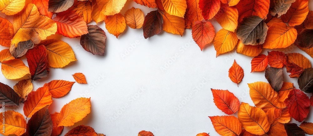 Poster autumn leaves arranged in a flat lay style on a white background showcasing vibrant seasonal colors 