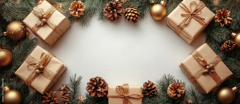 Poster christmas background with golden ornaments and gift boxes arranged in a festive frame on a white sur