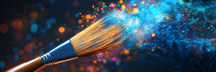 Fototapeta premium A digital paintbrush icon with glowing strokes, floating above data layers of online graphic design tools and creative platforms. 