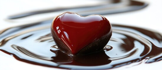 Fototapeta premium Heart-shaped chocolate delicately placed on a smooth dark chocolate surface, ideal for Valentine's Day or romantic occasions.
