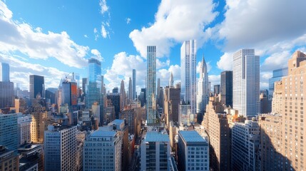 Fototapeta premium Stunning city skyline view showcasing modern skyscrapers and historic architecture under a bright blue sky with fluffy white clouds illuminating the urban landscape.