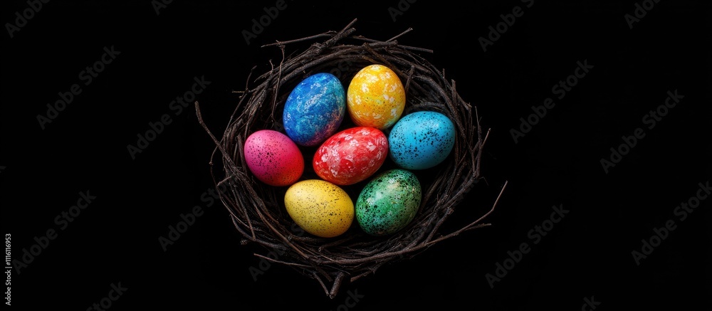 Poster vibrant easter eggs in a rustic nest against a black background showcasing festive decorations and c