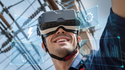 A man wearing a VR headset smiles, engaged in augmented reality for industrial applications.
