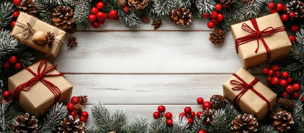 Poster christmas wreath arrangement with fir branches pine cones red berries and wrapped gifts on a rustic 