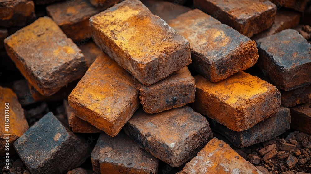 Aufkleber Close up of weathered red clay bricks stacked on a construction site showcasing texture and color variations in building materials