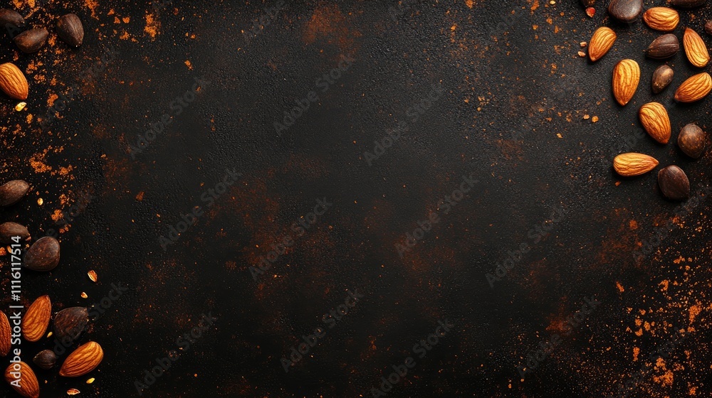 Poster almond nuts scattered on a dark textured background with ample copy space for promotional or culinar