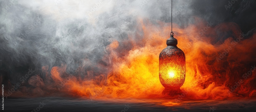 Aufkleber rustic lantern surrounded by glowing flames and smoke creating an atmospheric and mystical ambiance 