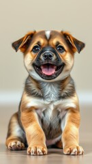 Obraz premium Playful puppy enjoying a sunny day indoors while displaying a cheerful expression