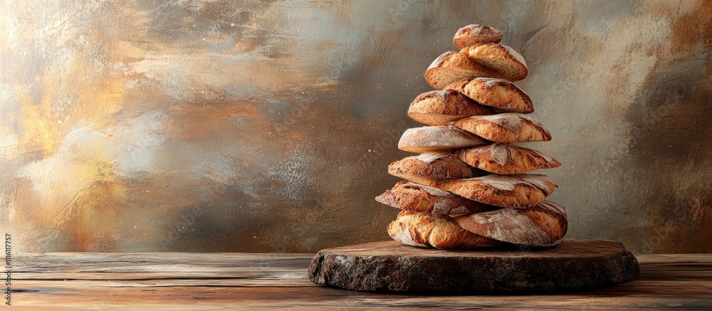 Poster Bread arranged in a Christmas tree shape on a rustic wooden table with textured background and ample space for festive decorations.