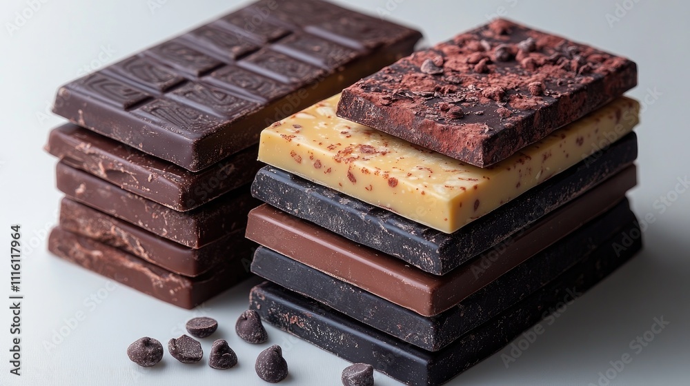 Poster Stack of assorted chocolate bars with various textures and flavors isolated on white background for culinary and dessert themes