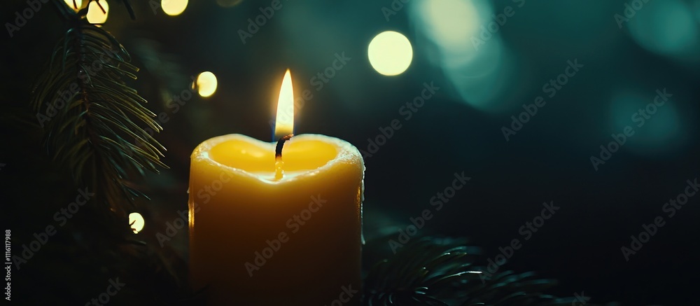 Poster candle with heart shape glowing in a festive christmas background surrounded by soft lights and gree