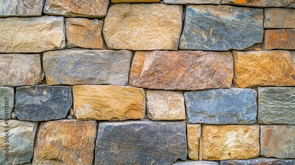 Poster detailed close up of textured natural stone wall showcasing various colors and shapes of rough stone