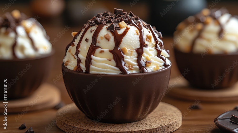 Poster chocolate ice cream topped with whipped cream and chocolate sauce served in a brown bowl on cork coa