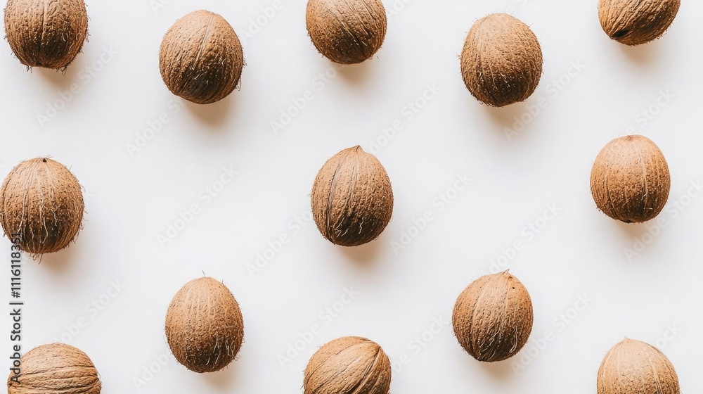 Poster Coconuts arranged in a grid pattern against a clean white background, highlighting their textured shells and natural colors, food, minimalism, tropical, organic.