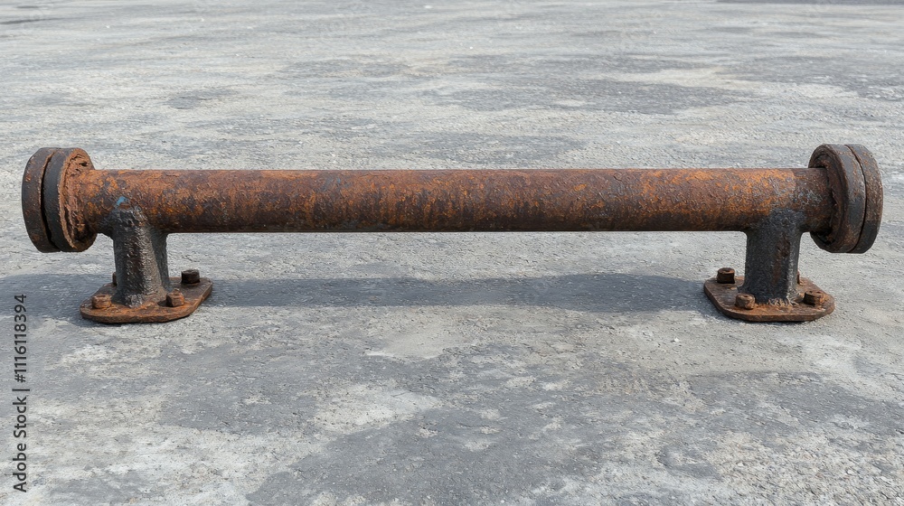 Poster Rusty rectangular pipe bar resting on a dirty concrete floor showcasing weathered industrial elements and textures in an urban setting
