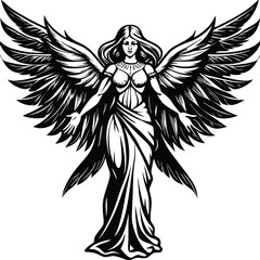 Fototapeta premium Black Silhouette of an Angel with Spread Wings on White Background