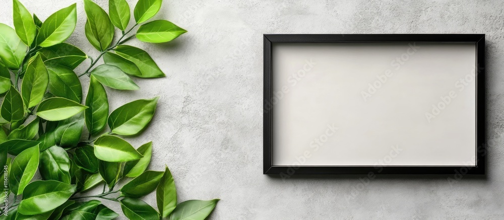 Poster elegant black and white photo frames accompanied by lush green leaves arranged on a textured gray co