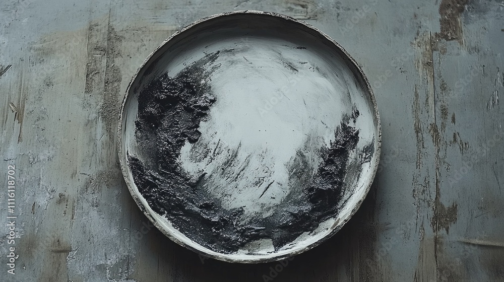 Aufkleber Close up of an artistic ceramic plate displaying abstract textures and patterns on a rustic textured table surface