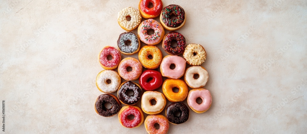 Aufkleber Christmas tree made of colorful donuts arranged in a flat lay overhead view on a light textured background ideal for festive celebration themes