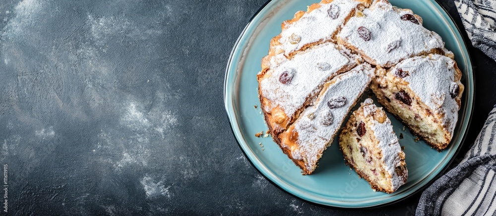 Poster classic christstollen cake with nuts raisins and marzipan served on a blue plate against a dark back