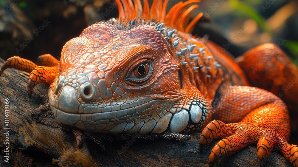 Aufkleber closeup of a vibrant red iguana resting on a wooden surface in a natural habitat setting showcasing 