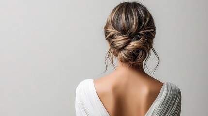 Fototapeta premium Soft, romantic braid for a young bride with a few tendrils falling loose, isolated, hair young bride, elegant and effortless