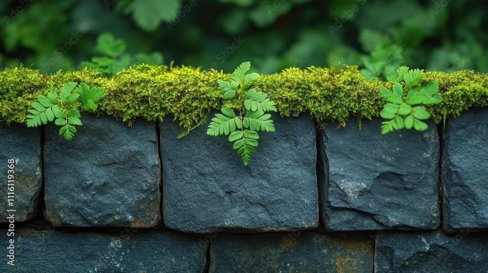 Poster textured mossy stone wall with fern leaves creating a vibrant green backdrop suitable for nature-the