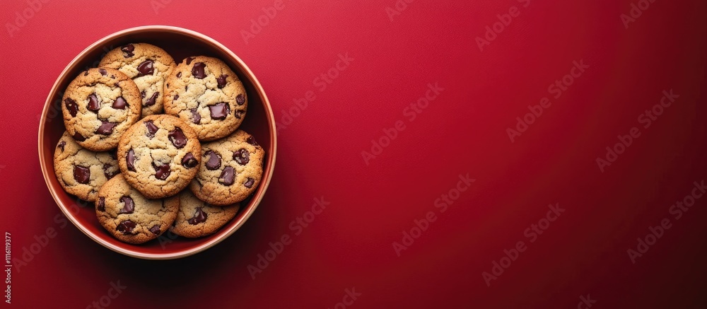 Aufkleber homemade chocolate chip cookies in a brown clay bowl on a vibrant red backdrop with space for text p