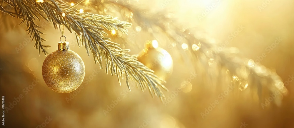 Poster golden christmas ornaments hanging from a fir branch in a soft glowing background, creating a warm f