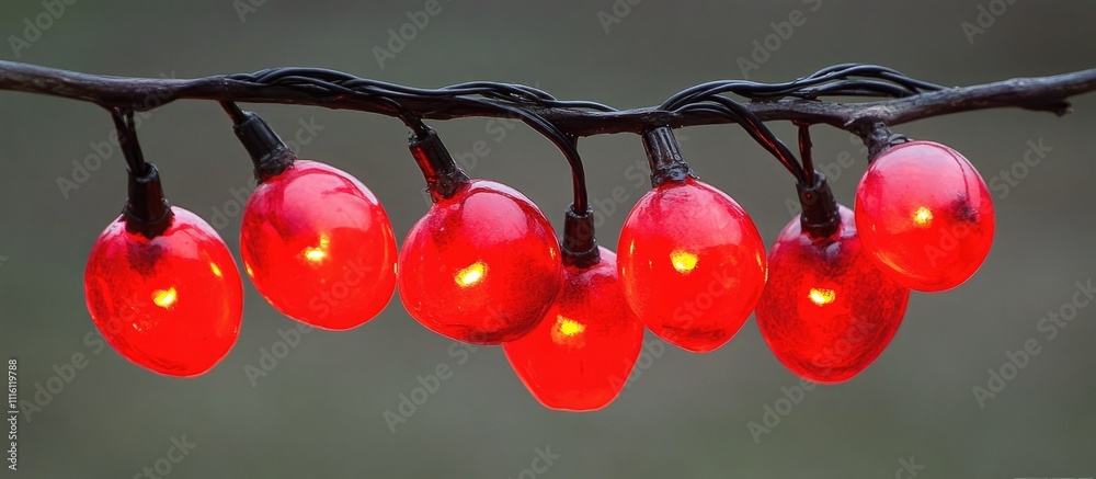 Poster red cherry-shaped christmas lights glowing on a string against a muted background, creating a festiv