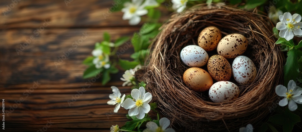 Poster nest of quail eggs surrounded by spring flowers on a wooden background top view with copy space for 