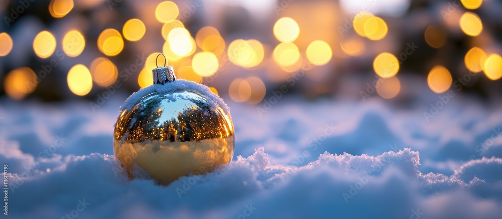 Poster golden christmas bauble resting on snow with soft glowing lights in the background creating a festiv