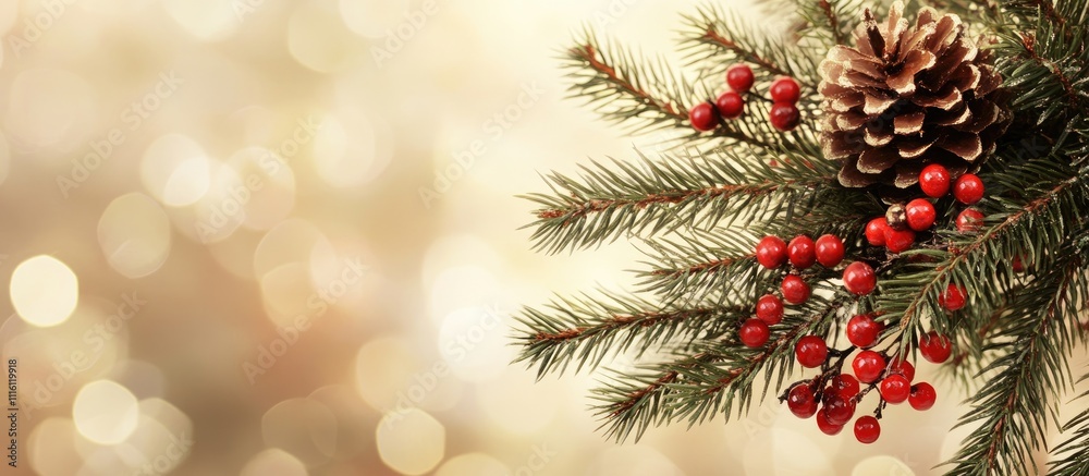 Poster festive christmas background with decorated fir tree branches and a soft, shimmering bokeh effect fo